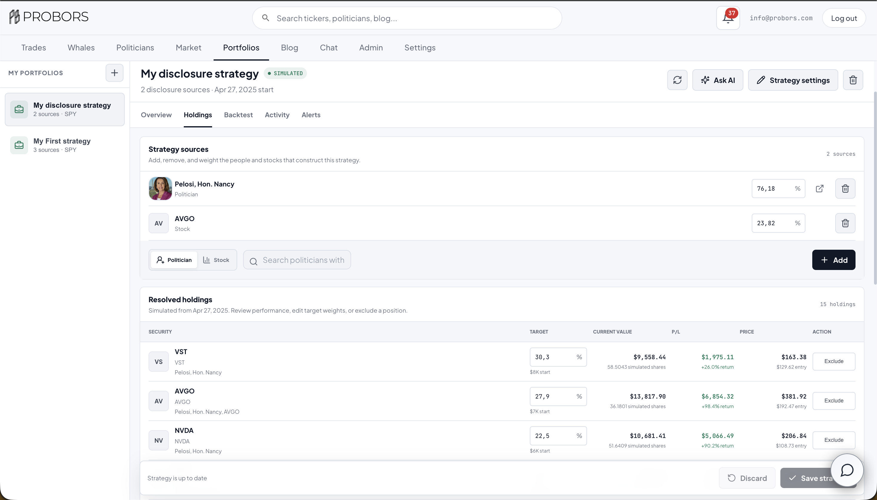Real ProBors strategy holdings editor showing Nancy Pelosi and AVGO sources, target weights, current value, simulated P/L, prices, and exclusion controls